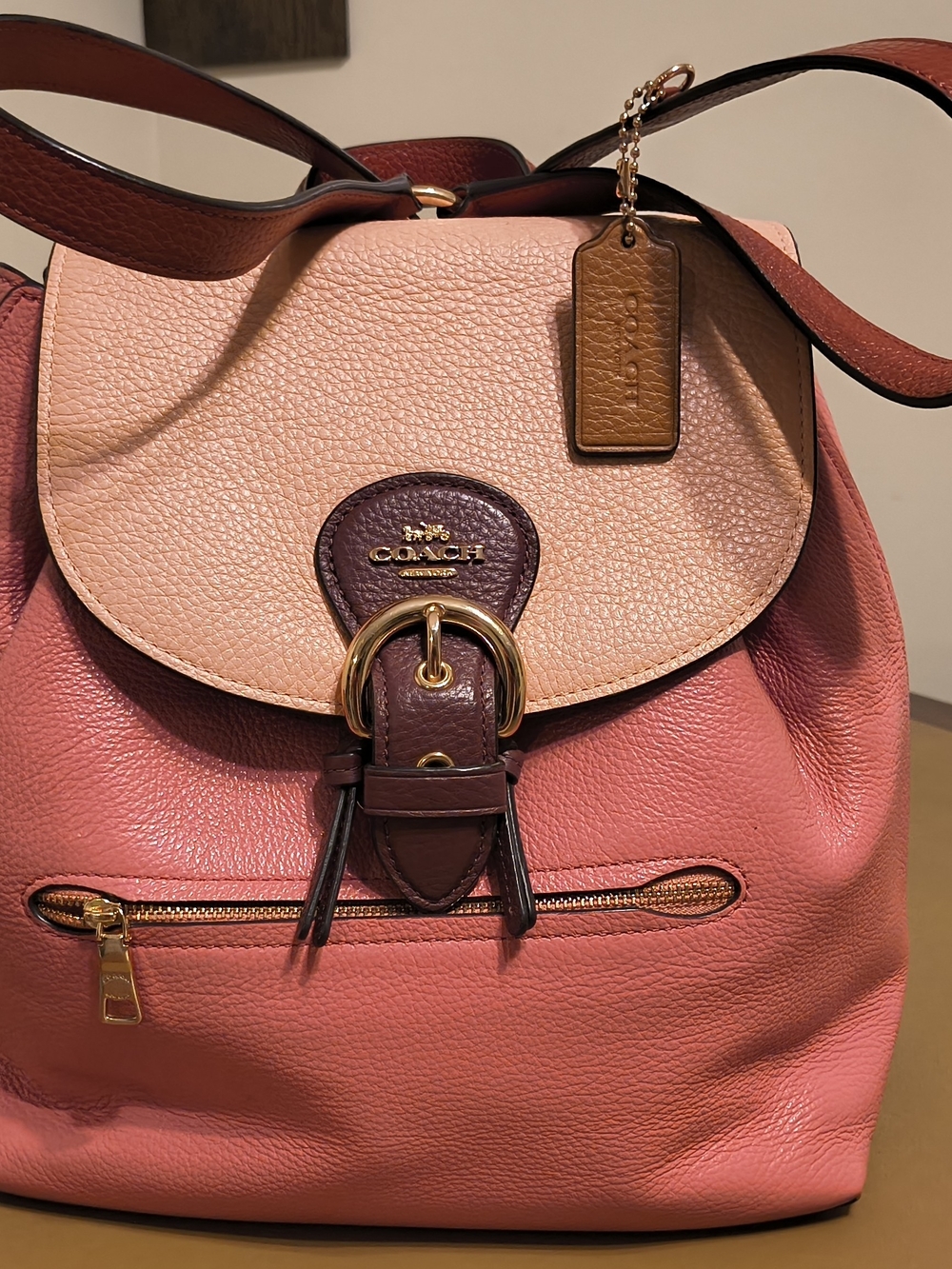 NWT Coach Colorblock Pebbled Leather Drawstring Backpack in Pink, Blush & Brown